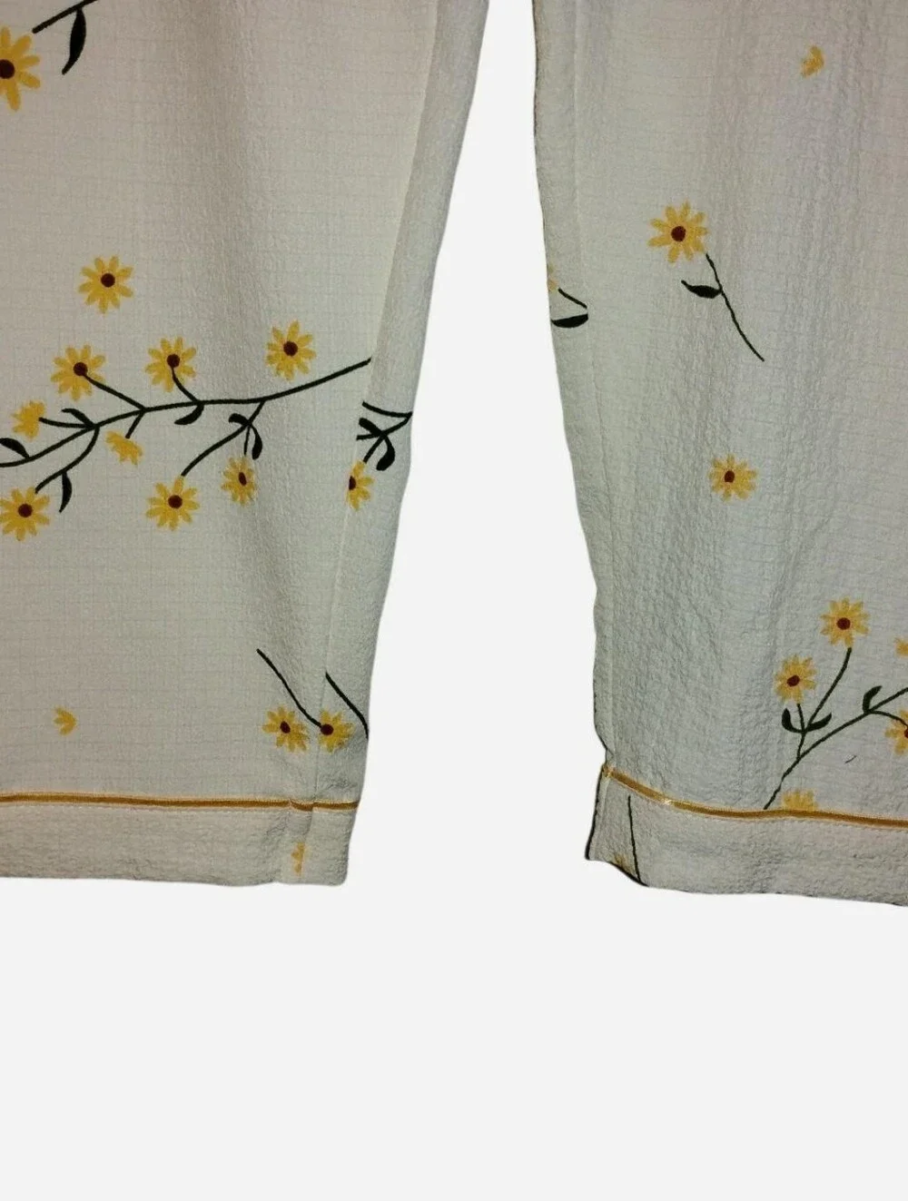 Floral Pajama Pants Large White Yellow Daisy Plisse Seersucker Wide Leg Lounge